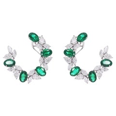 Oval Shape Zambian Emerald Gemstone Hoop Earrings Diamond 18 Karat White Gold