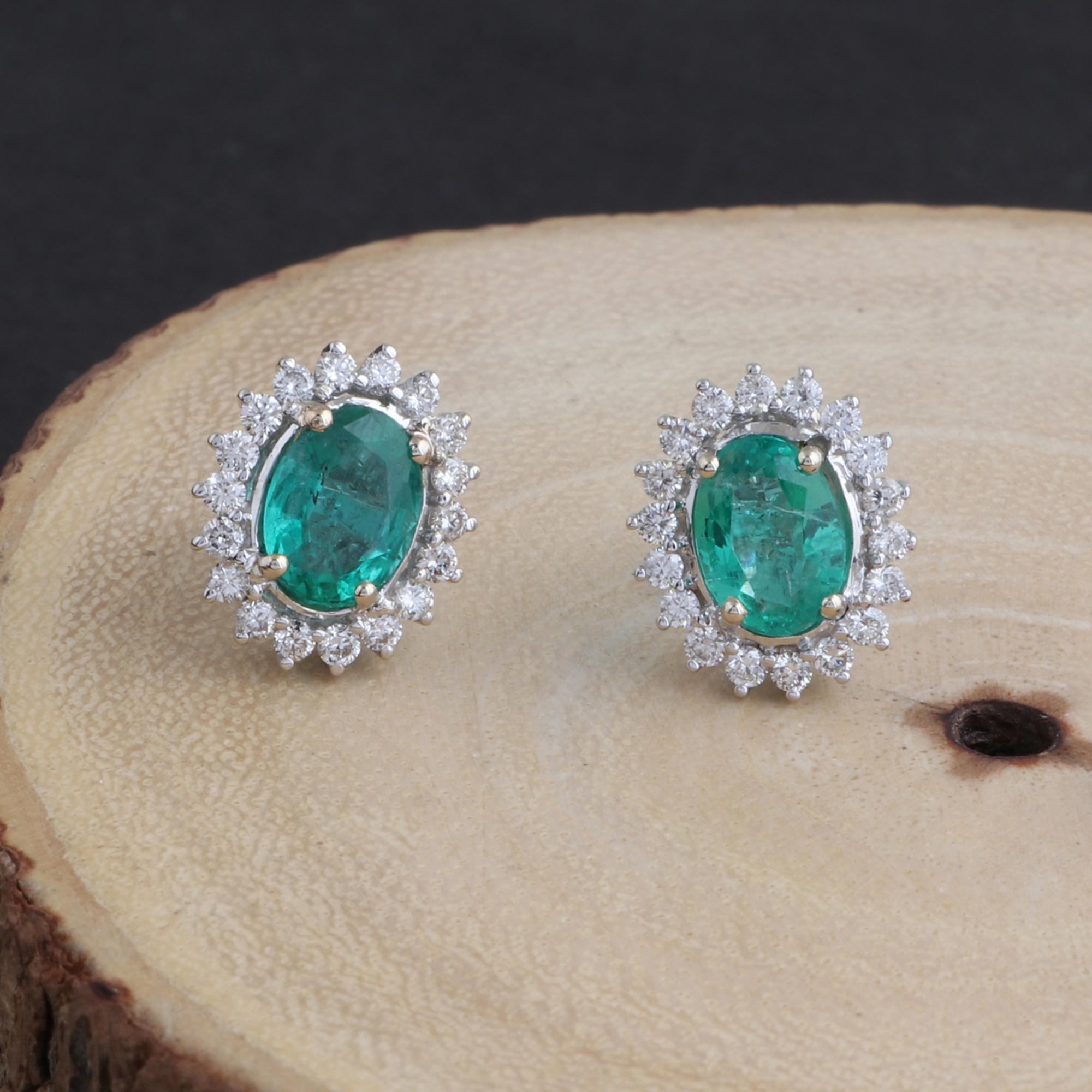 Modern Oval Shape Zambian Emerald Gemstone Stud Earrings Diamond 18 Karat White Gold For Sale