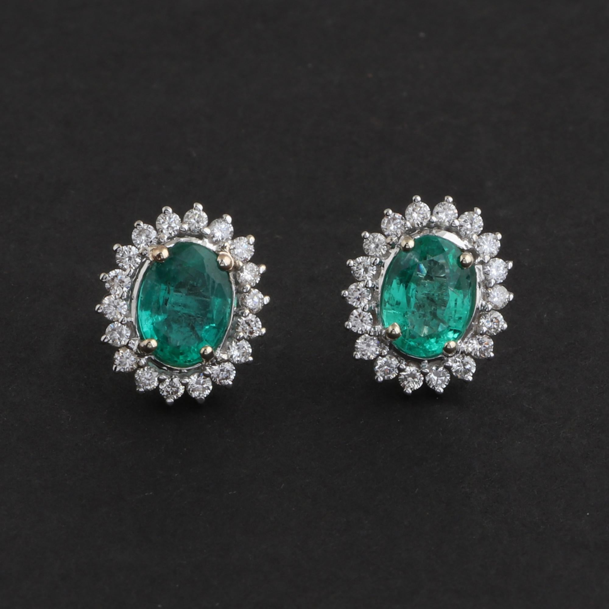 Oval Cut Oval Shape Zambian Emerald Gemstone Stud Earrings Diamond 18 Karat White Gold For Sale