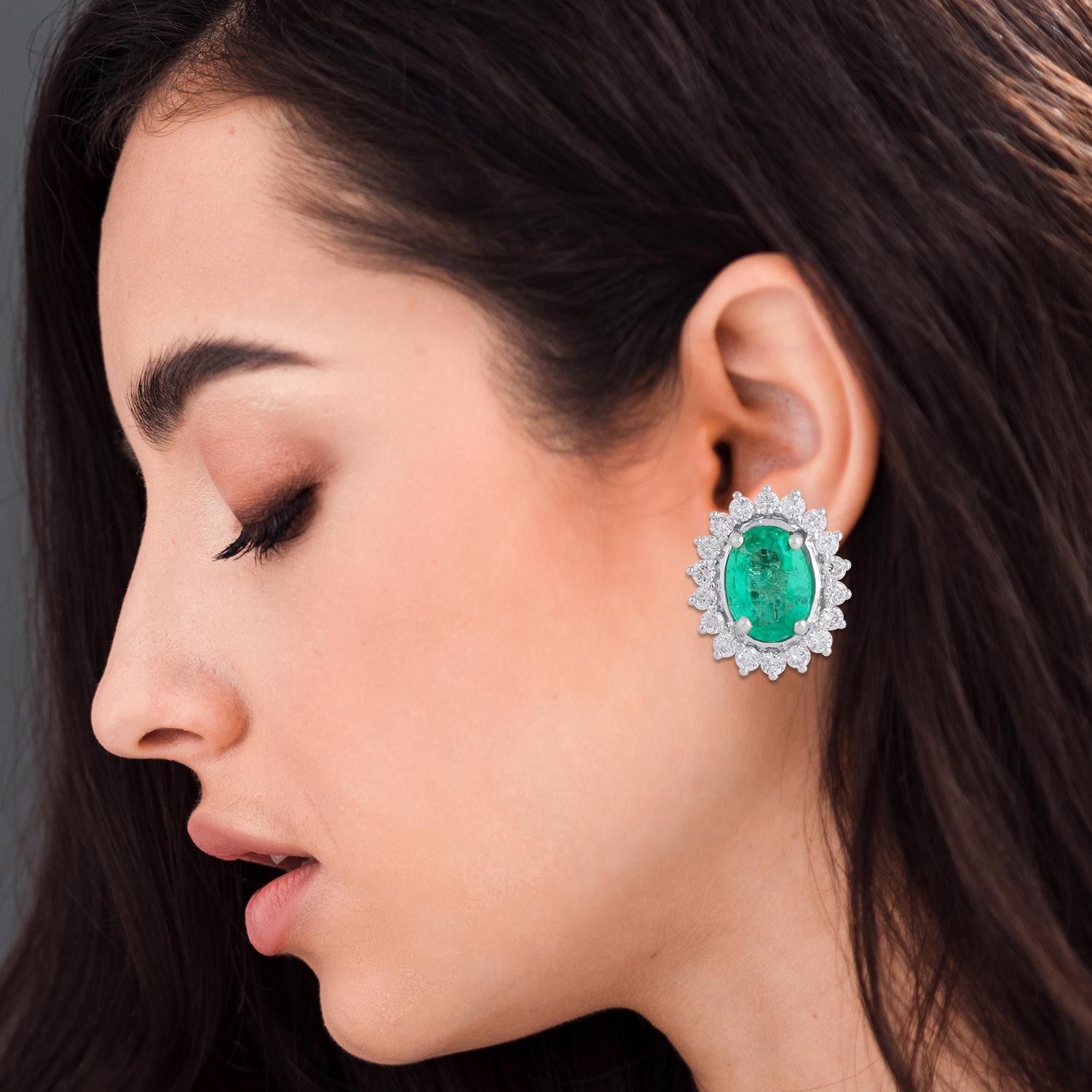 Oval Shape Zambian Emerald Gemstone Stud Earrings Diamond 18 Karat White Gold For Sale 1