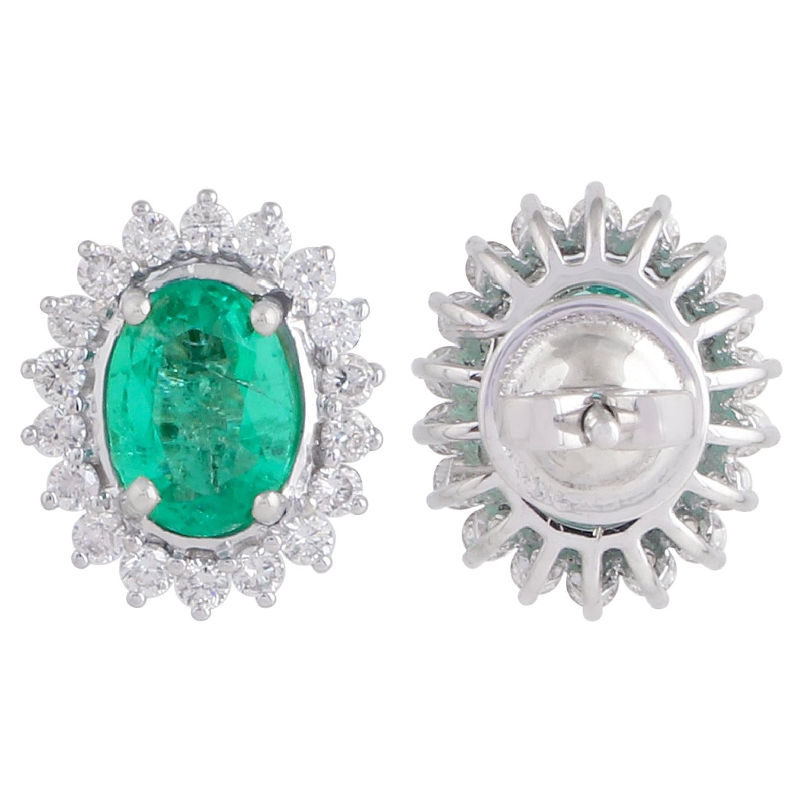 Oval Shape Zambian Emerald Gemstone Stud Earrings Diamond 18 Karat White Gold For Sale