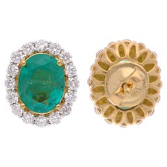Oval Shape Natural Emerald Gemstone Stud Earrings Diamond 18 Karat Yellow Gold