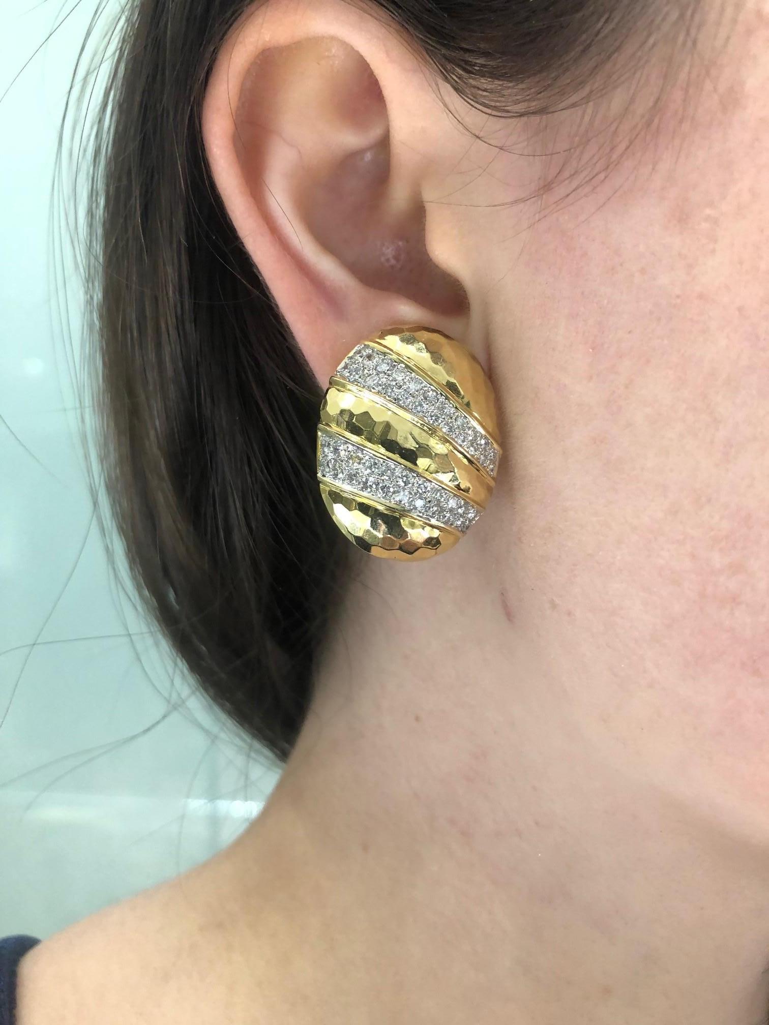 Oval Shaped 18 Karat Yellow Gold Hammered Earrings 1