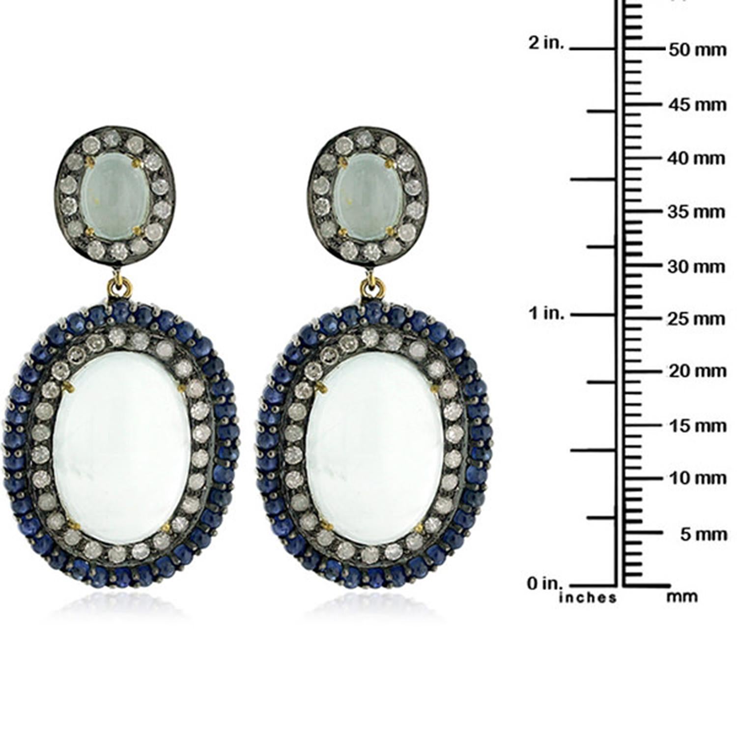 Art Deco Oval Shaped Agate Earring Surrounded by Blue Sapphire & Diamonds in Pave Setting For Sale