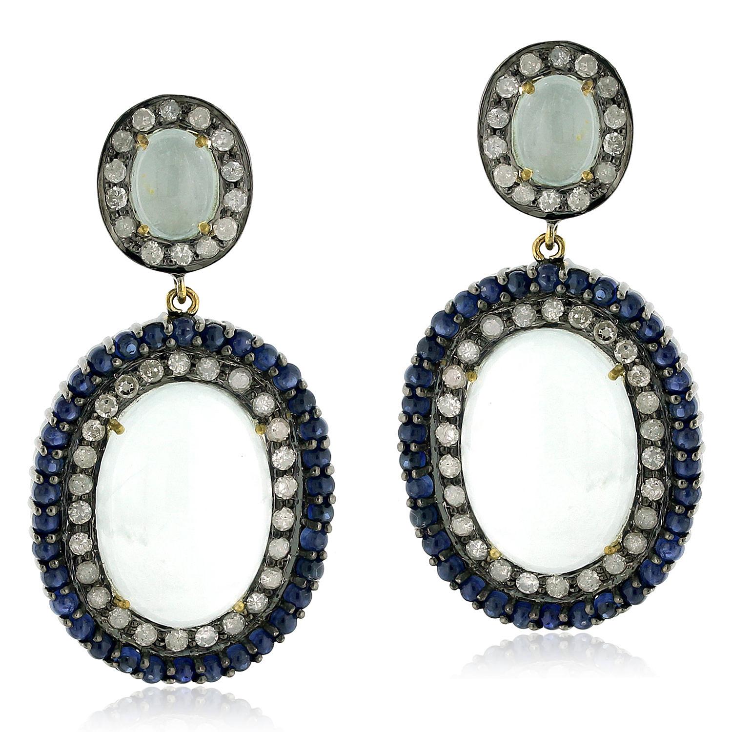 Art Deco Oval Shaped Agate Earring Surrounded by Blue Sapphire & Diamonds in Pave Setting For Sale