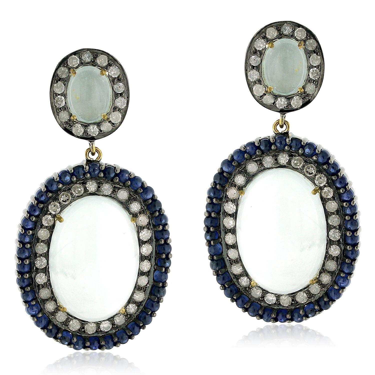 Mixed Cut Oval Shaped Agate Earring Surrounded by Blue Sapphire & Diamonds in Pave Setting For Sale