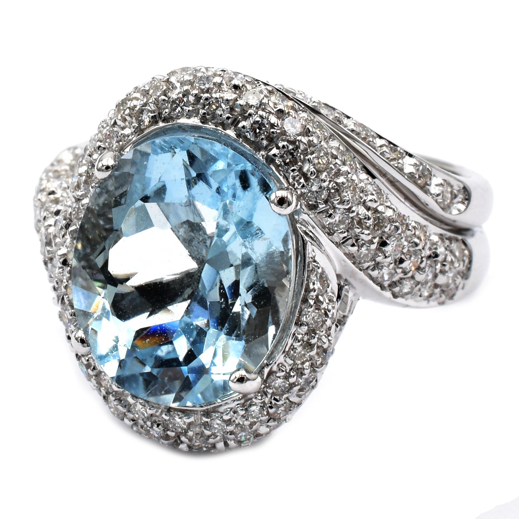 Gilberto Cassola 18Kt White Gold Ring with Oval Shaped Brilliant Cut Aquamarine and Diamonds.
Handmade in our Atelier in Valenza Italy.
Oval Brilliant Cut Aquamarine mm 12x10 for a weight of ct 4.61. 
G Color Vs Clarity White Diamonds ct 0.95.
18Kt