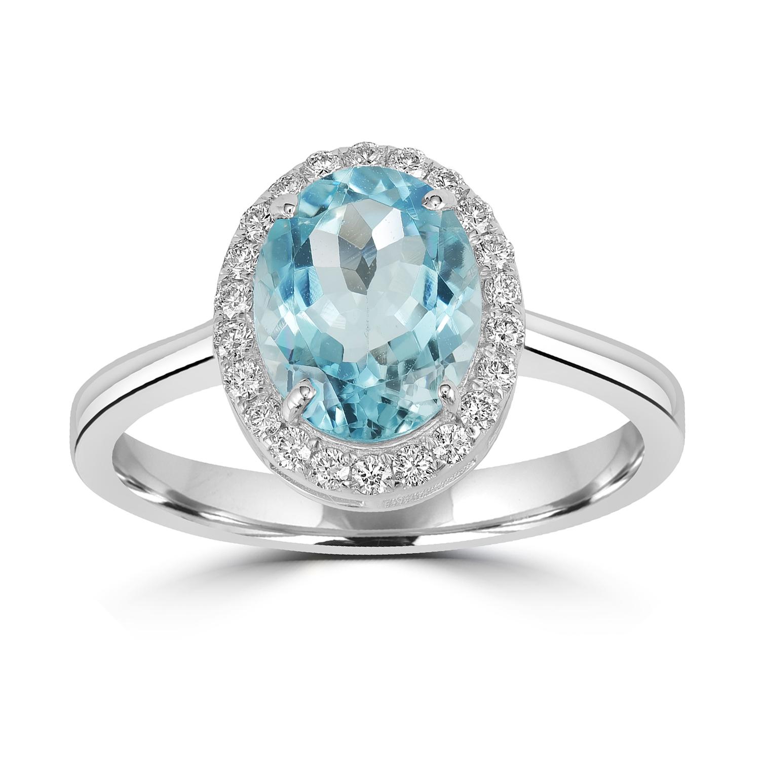 Art déco Bague en or blanc 18k avec aigue-marine de forme ovale rehaussée de diamants en vente
