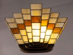Oval Shaped Art Deco Bronze and Opaline Glass Chandelier