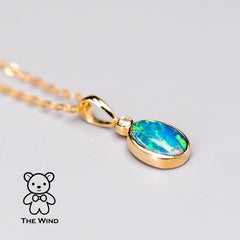 Oval Shaped Australian Doublet Opal Diamond Pendant Necklace 14k Yellow Gold