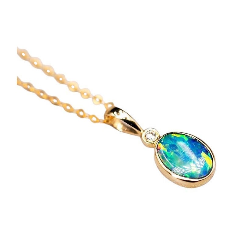 Oval Shaped Australian Doublet Opal Diamond Pendant Necklace 14k Yellow Gold