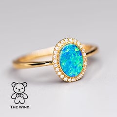 Oval Shaped Australian Doublet Opal Halo Diamond Ring 14k Yellow Gold