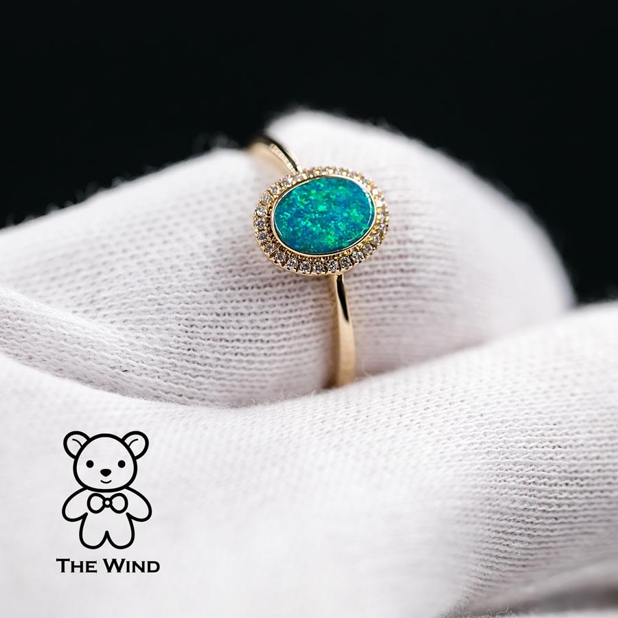 Oval Shaped Australian Doublet Opal Halo Diamond Ring 14k Yellow Gold In New Condition For Sale In Suwanee, GA