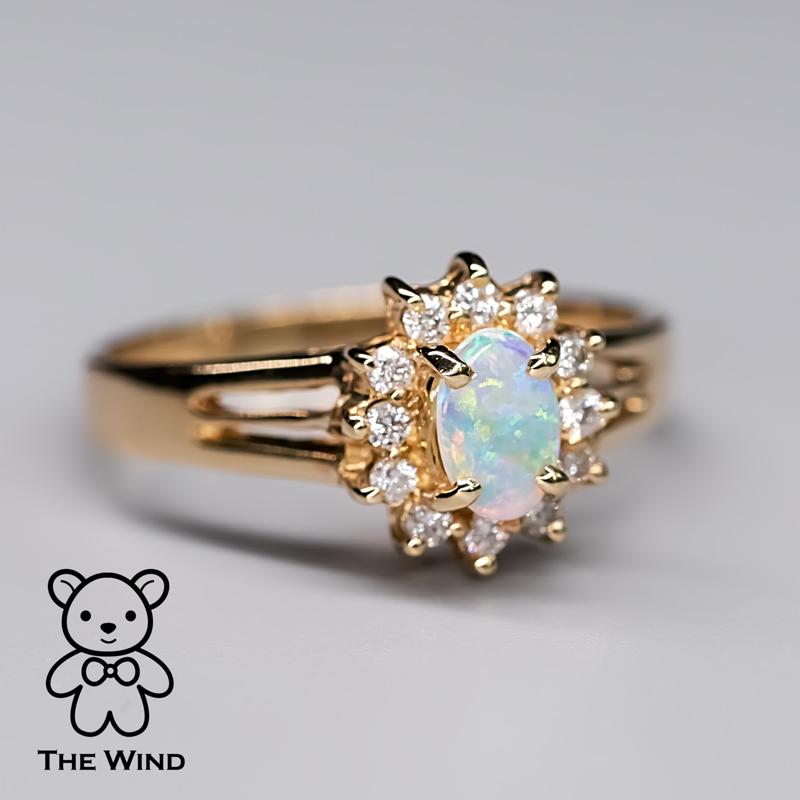 Oval Shaped Australian Solid Opal Diamond Engagement Ring 14K Yellow Gold In New Condition For Sale In Suwanee, GA