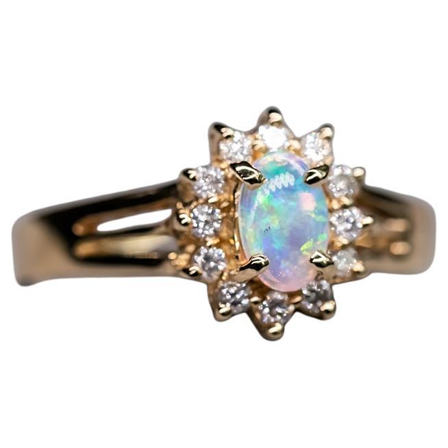 Oval Shaped Australian Solid Opal Diamond Engagement Ring 14K Yellow Gold For Sale