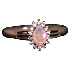 Oval Shaped Australian Solid Opal Diamond Engagement Ring 14K Yellow Gold