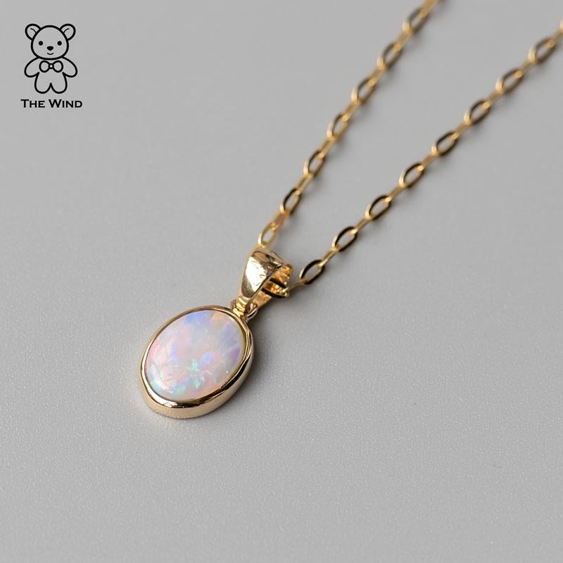 Arts and Crafts Oval Shaped Australian Solid Opal Necklace 14k Yellow Gold