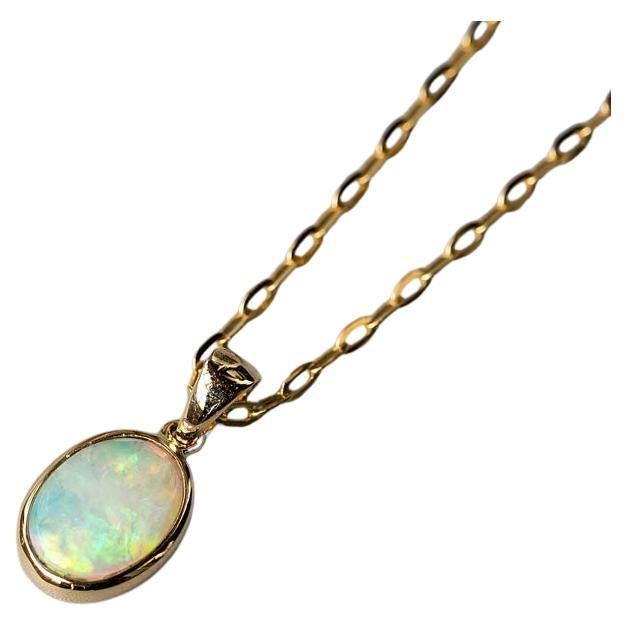 Oval Shaped Australian Solid Opal Necklace 14k Yellow Gold