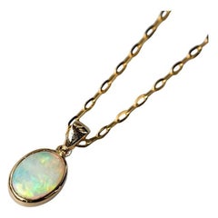 Oval Shaped Australian Solid Opal Necklace 14k Yellow Gold