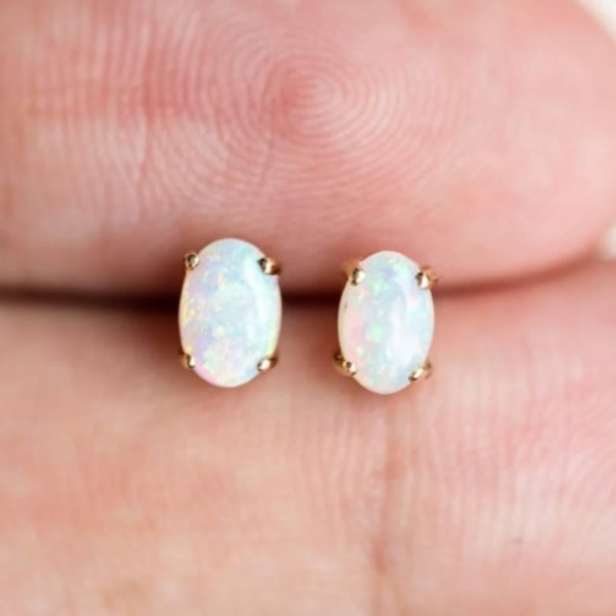 Arts and Crafts Oval Shaped Australian Solid Opal Stud Earrings 14K Yellow Gold For Sale