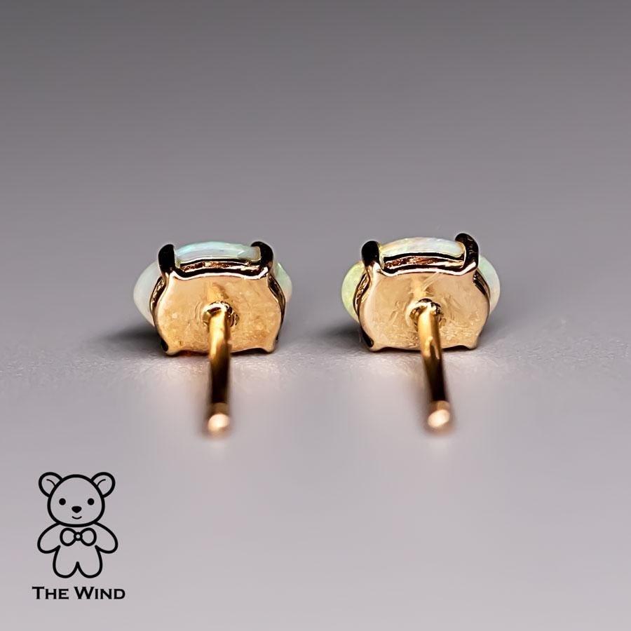 Women's or Men's Oval Shaped Australian Solid Opal Stud Earrings 14K Yellow Gold For Sale