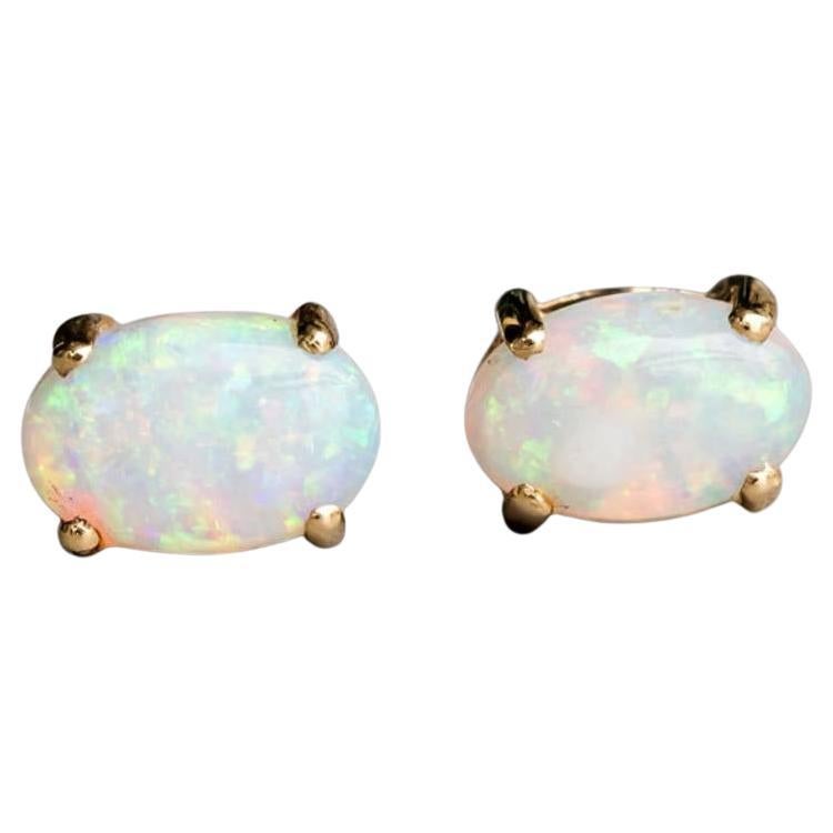 Oval Shaped Australian Solid Opal Stud Earrings 14K Yellow Gold For Sale