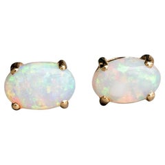 Oval Shaped Australian Solid Opal Stud Earrings 14K Yellow Gold