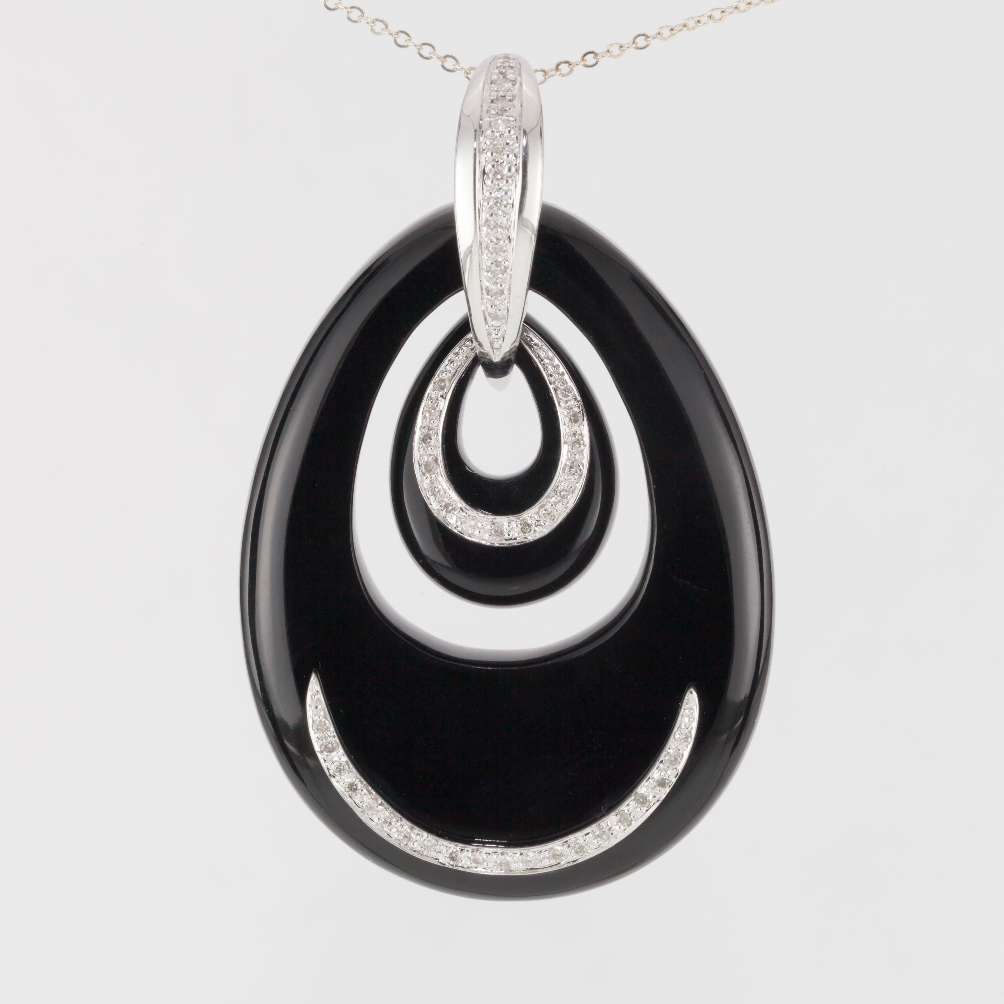 Oval Shaped Black Onyx and Diamond Pendant Set in 18 Karat White Gold For Sale 5