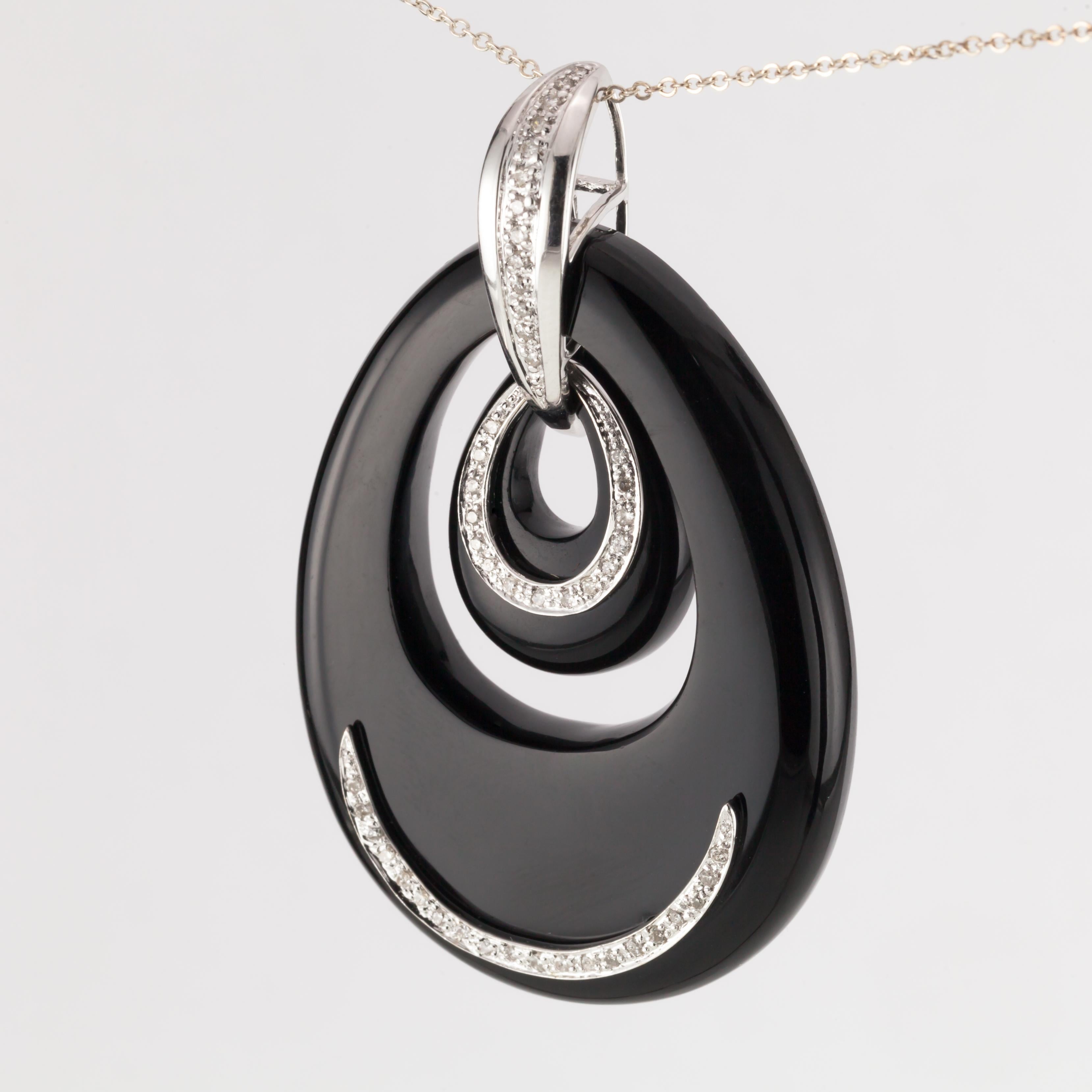 Oval Shaped Black Onyx and Diamond Pendant Set in 18 Karat White Gold For Sale 6