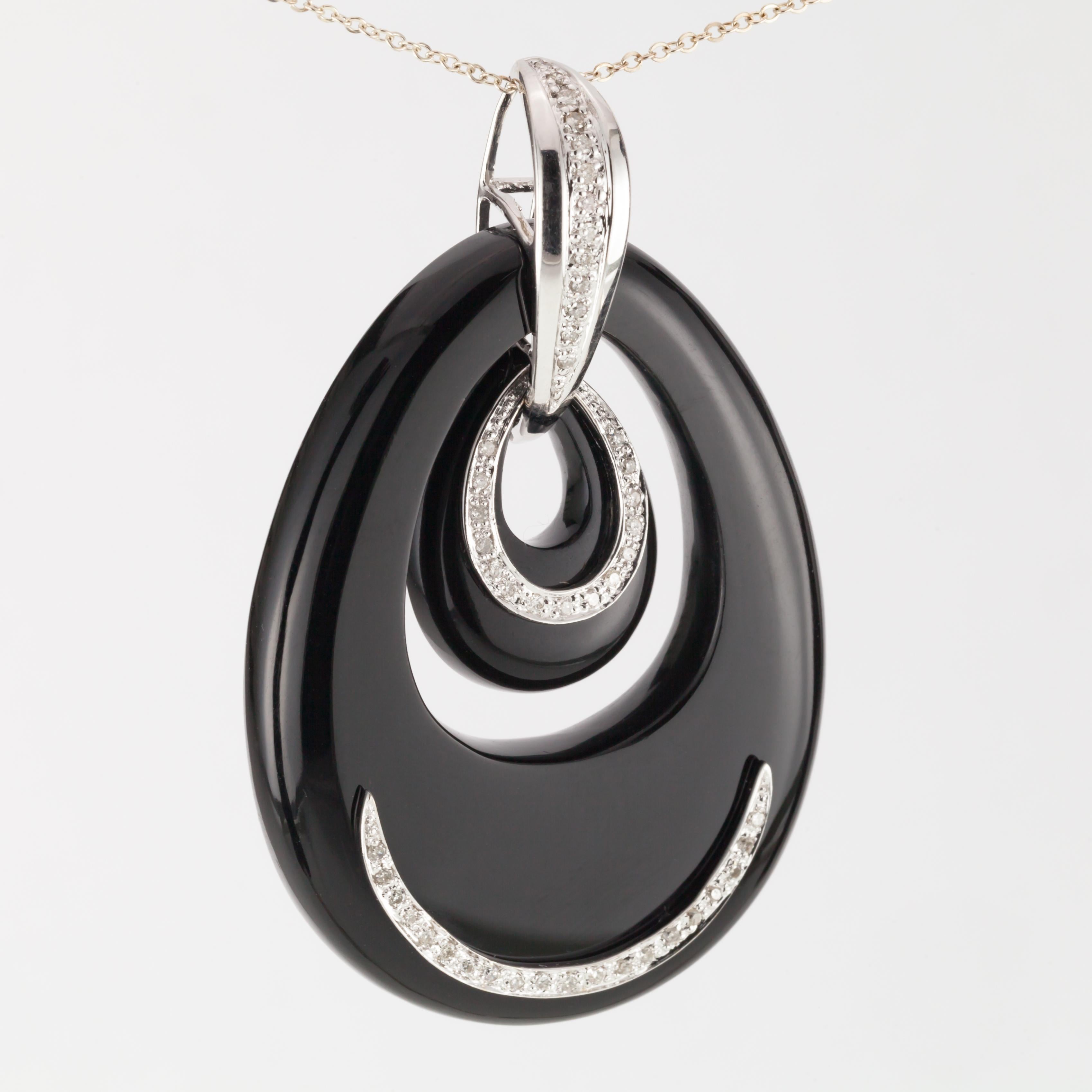 Oval Shaped Black Onyx and Diamond Pendant Set in 18 Karat White Gold For Sale 7