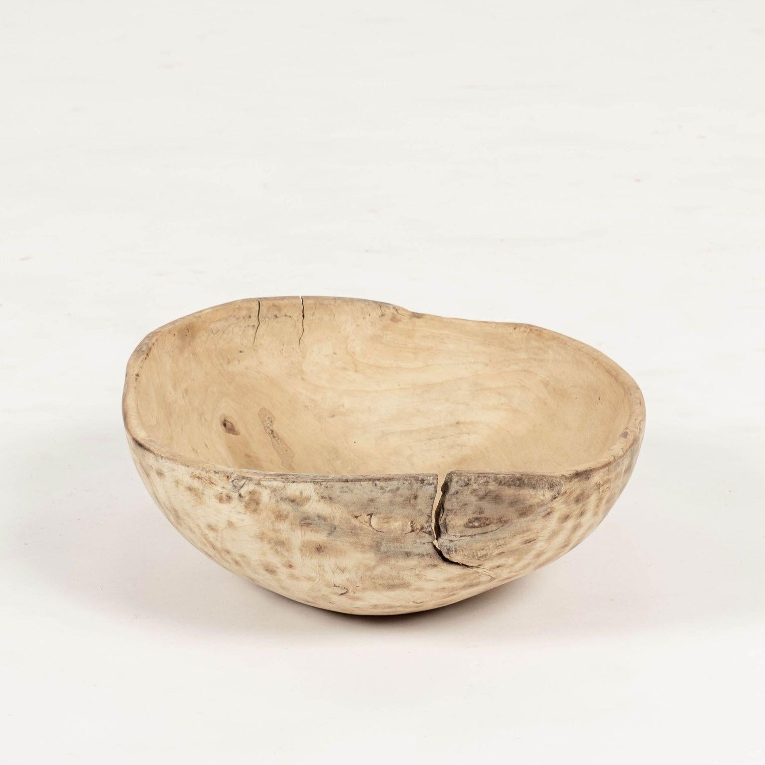 Oval-shaped bleached and scrubbed rustic Swedish dugout bowl, inscribed on bottom 