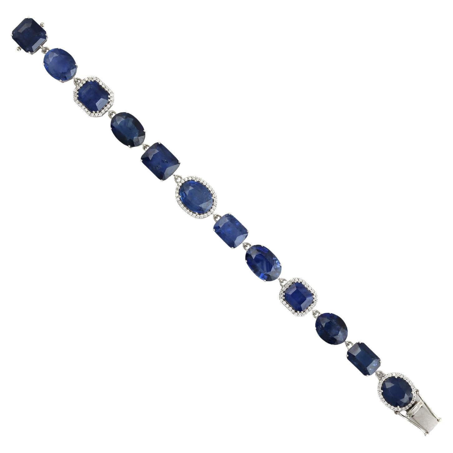 Oval Shaped Ceylon Blue Sapphire Bracelet With Diamonds Made In 18k White Gold