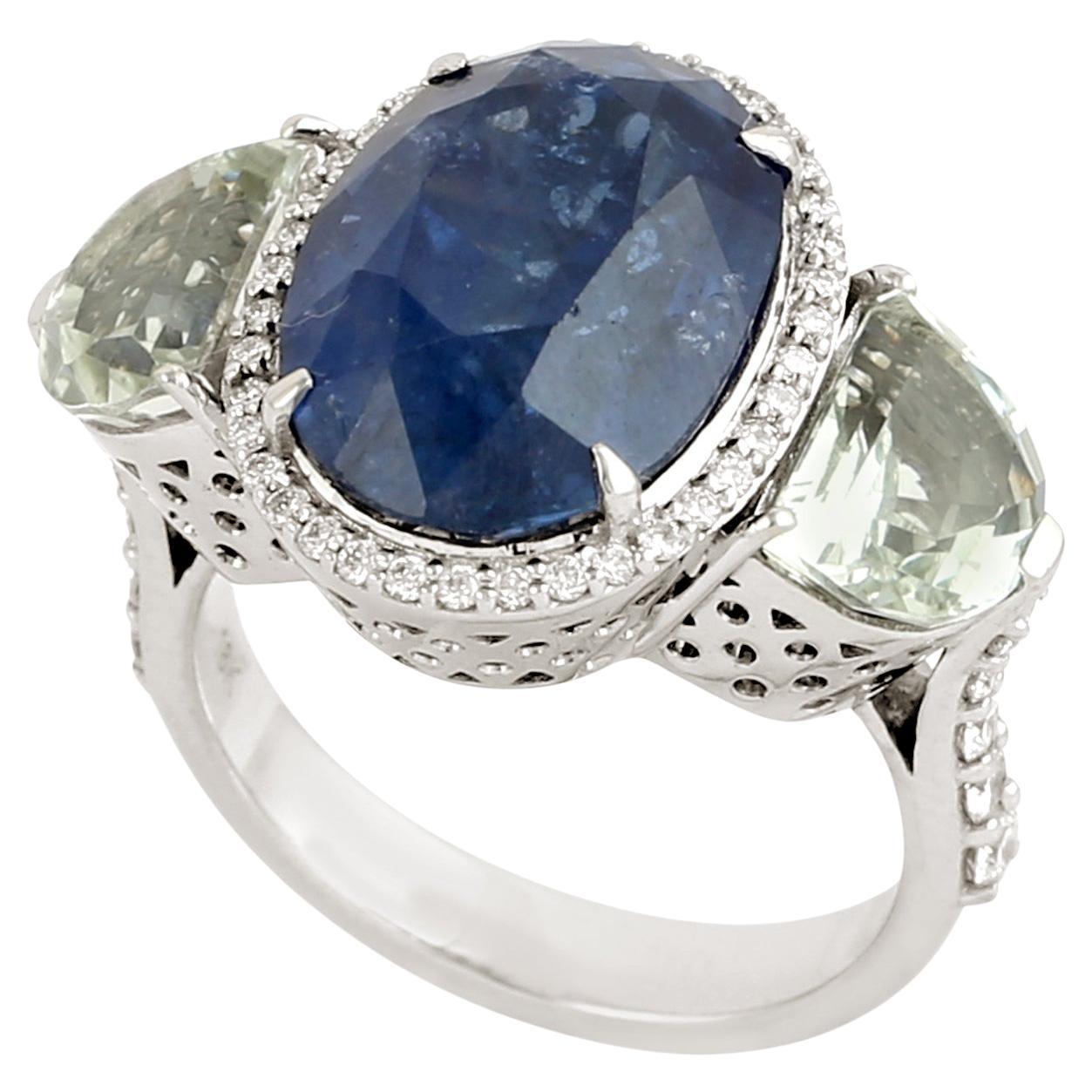 Oval Shaped Blue Sapphire Cocktail Ring With White Amethyst