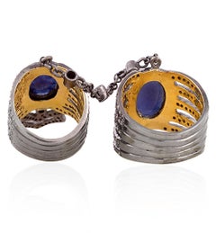 Oval Shaped Blue Sapphire Connector Rings With Diamonds In 18k Gold & Silver