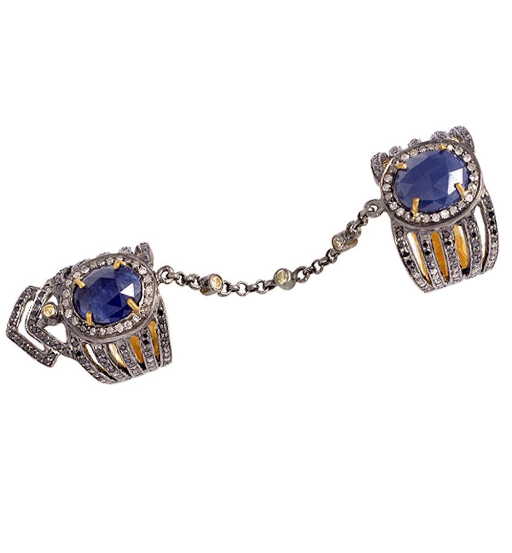 Contemporary Oval Shaped Blue Sapphire Connector Rings With Diamonds In 18k Gold & Silver For Sale