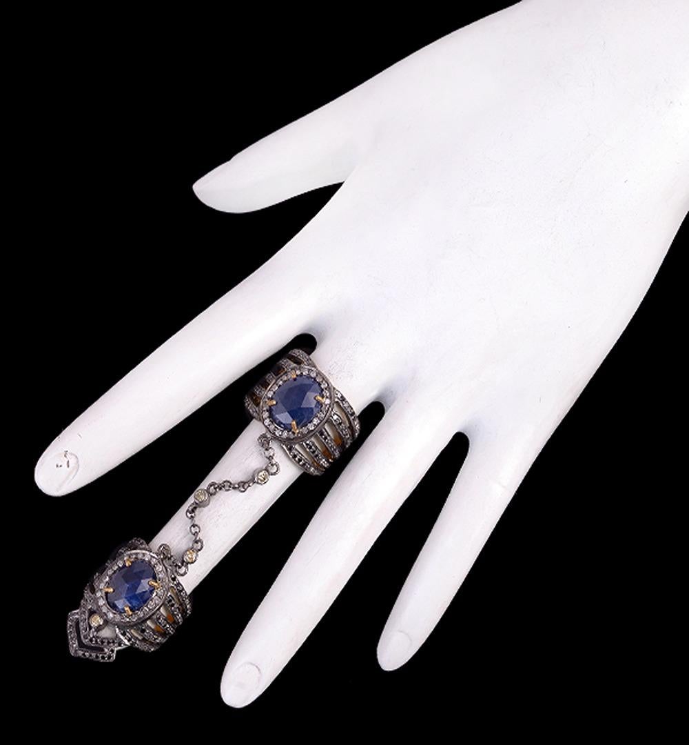 Mixed Cut Oval Shaped Blue Sapphire Connector Rings With Diamonds In 18k Gold & Silver For Sale