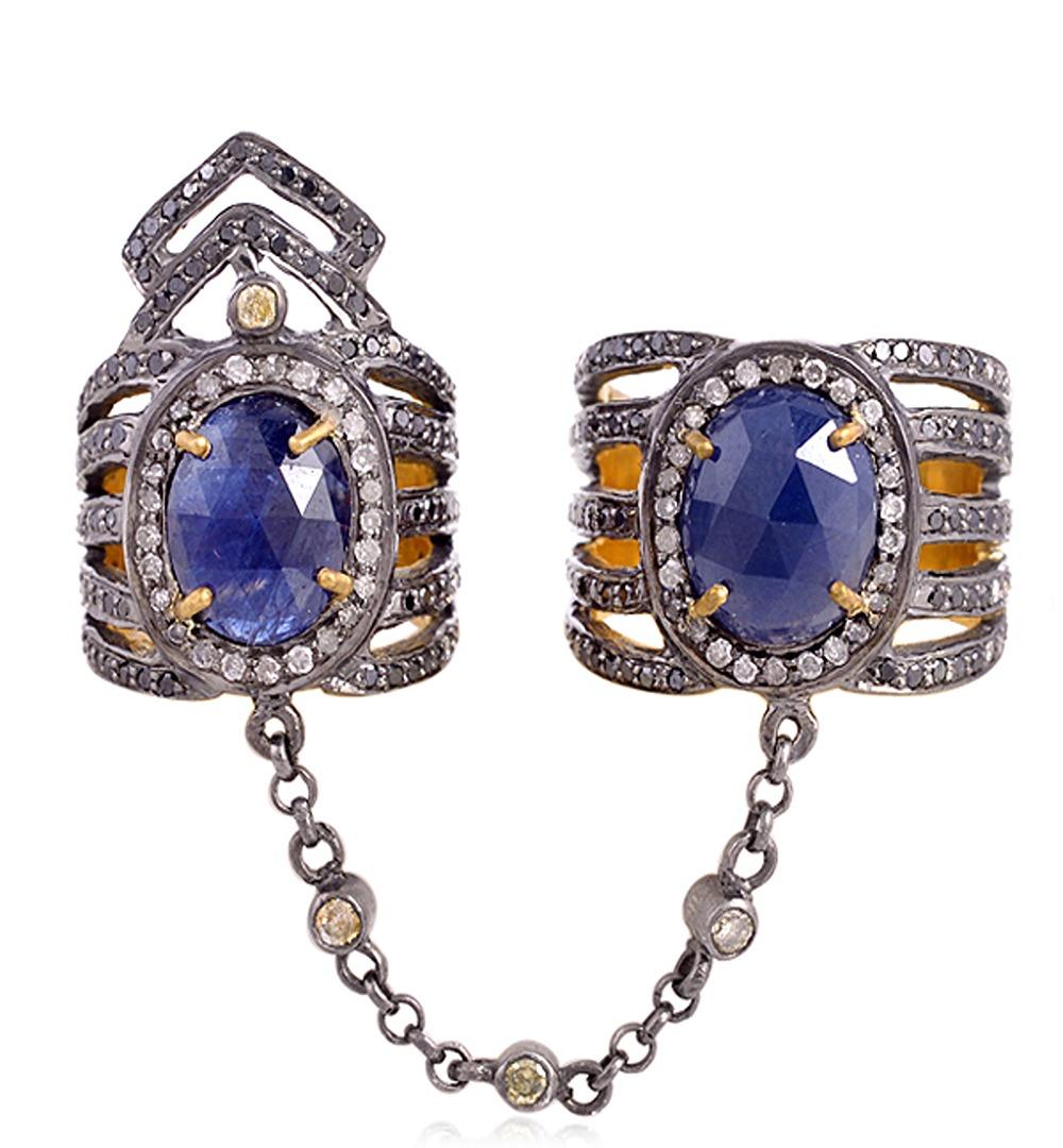 Oval Shaped Blue Sapphire Connector Rings With Diamonds In 18k Gold & Silver In New Condition For Sale In New York, NY