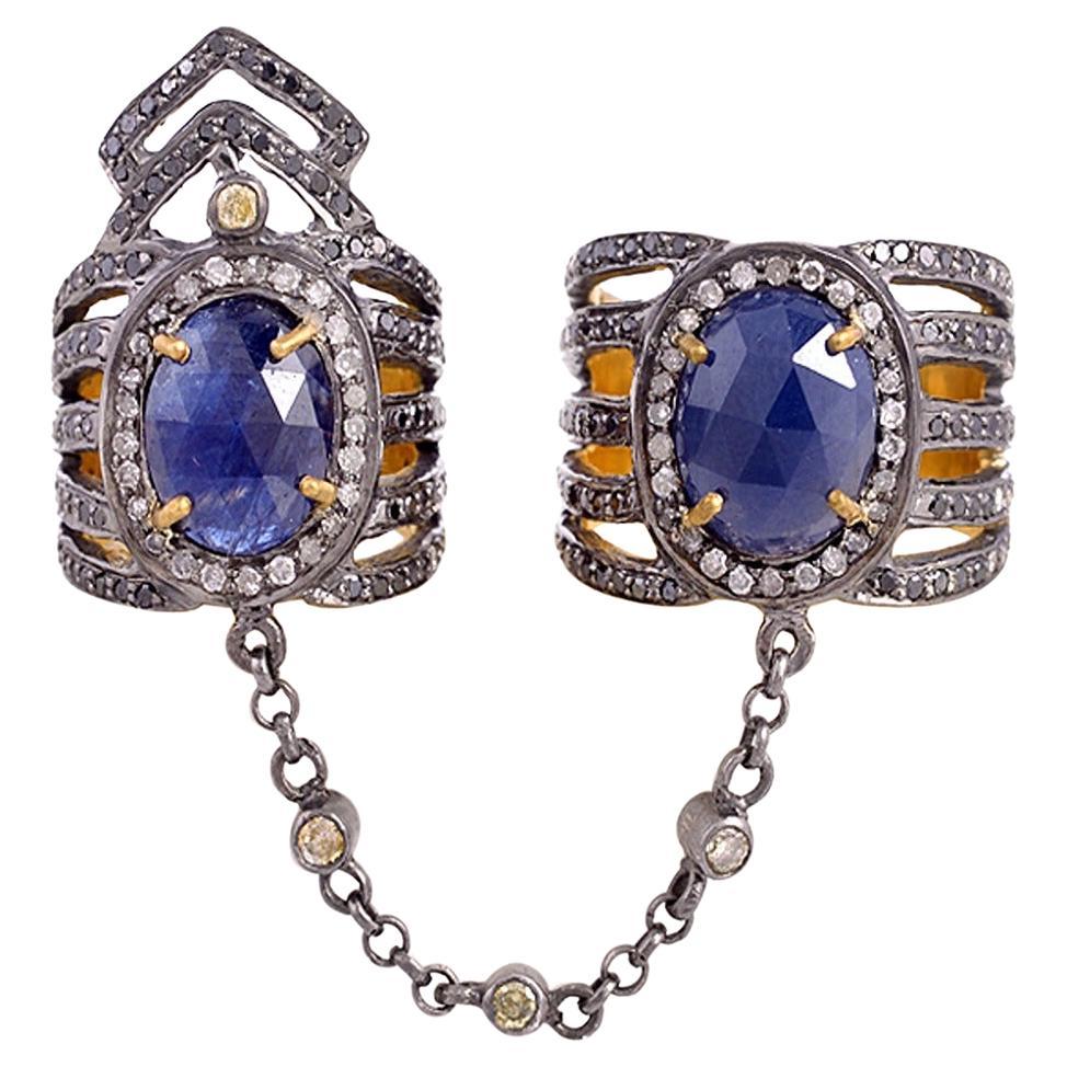 Oval Shaped Blue Sapphire Connector Rings With Diamonds In 18k Gold & Silver For Sale