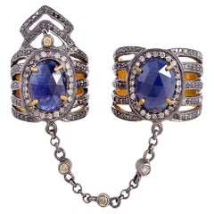 Ovale geformte blaue Saphir- Connector-Ringe mit Diamanten in 18 Karat Gold und Silber