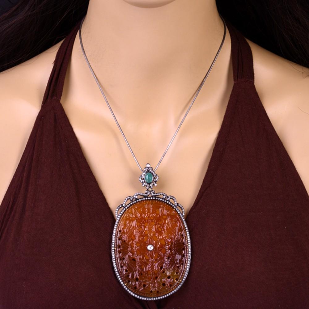 Artisan Oval Shaped Carved Agate Pendant with Emerald & Diamonds in 18k Gold & Silver For Sale