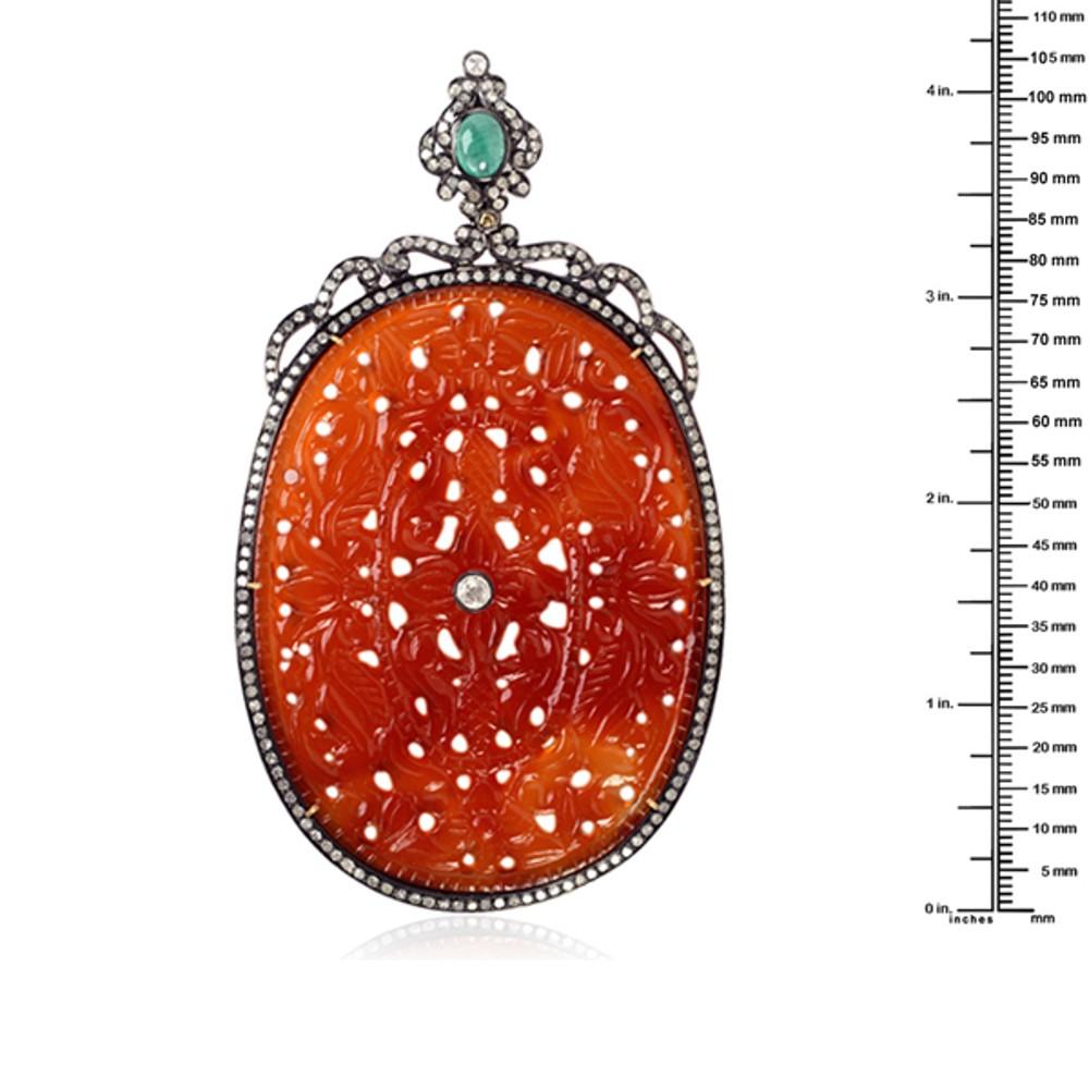 Mixed Cut Oval Shaped Carved Agate Pendant with Emerald & Diamonds in 18k Gold & Silver For Sale