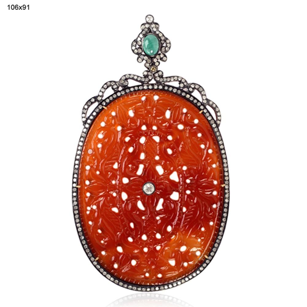 Oval Shaped Carved Agate Pendant with Emerald & Diamonds in 18k Gold & Silver In New Condition For Sale In New York, NY
