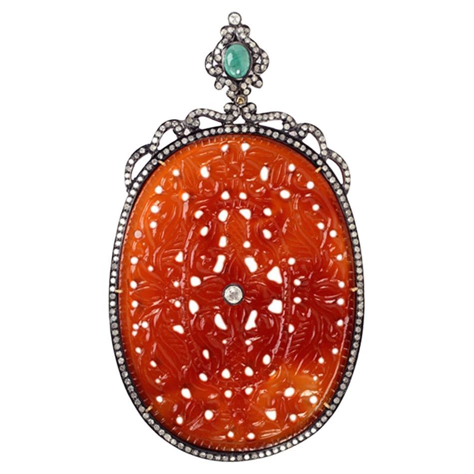 Oval Shaped Carved Agate Pendant with Emerald & Diamonds in 18k Gold & Silver For Sale