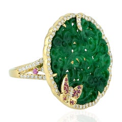 Round Shaped Carved Green Jade Cocktail Ring With Butterfly in Pink Sapphire