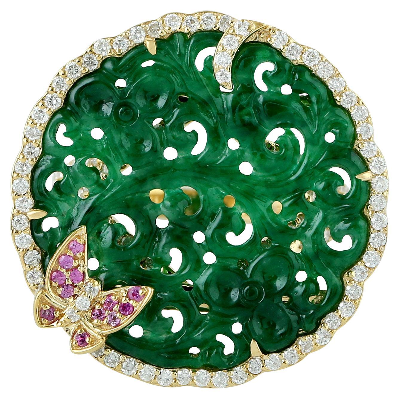 Round Shaped Carved Green Jade Cocktail Ring With Butterfly in Pink Sapphire
