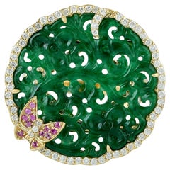 Oval Shaped Carved Green Jade Cocktail Ring With Butterfly in Pink Sapphire