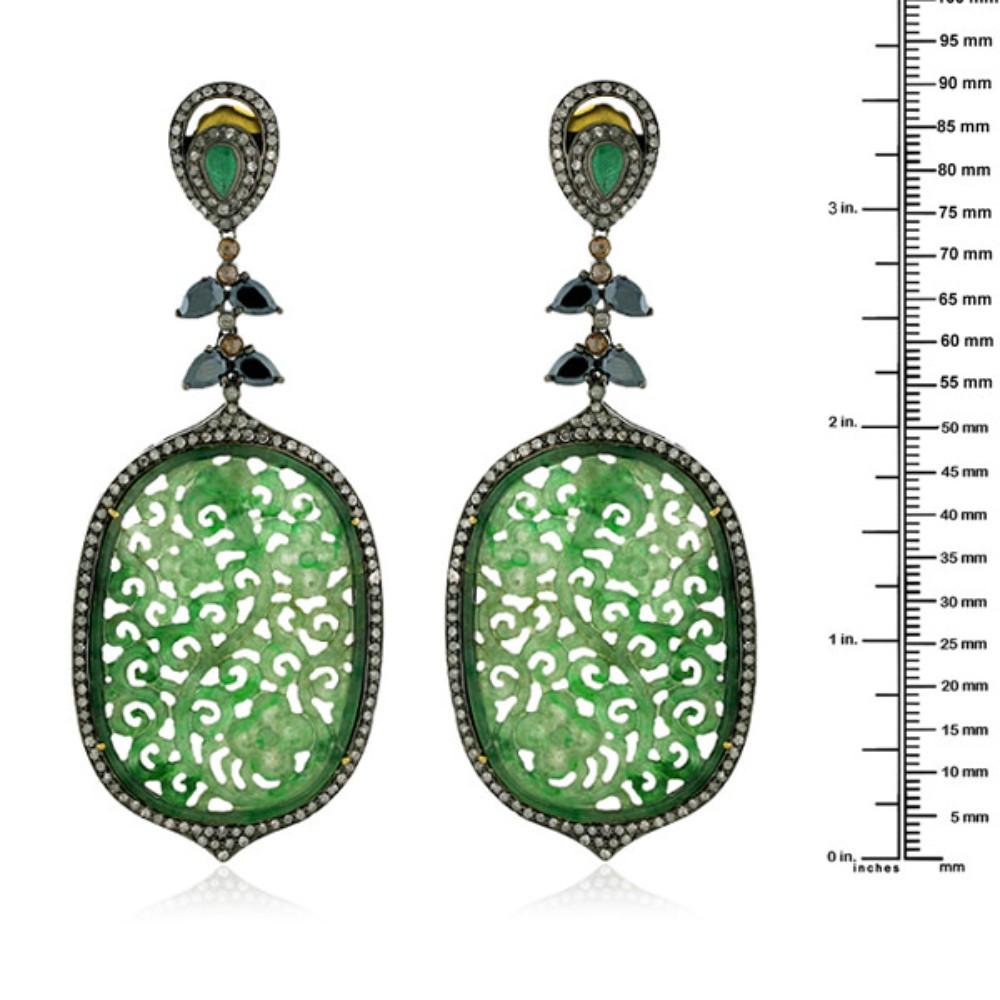 Art Deco Oval Shaped Carved Green Jade Dangle Earrings with Emerald, Spinel & Diamonds For Sale
