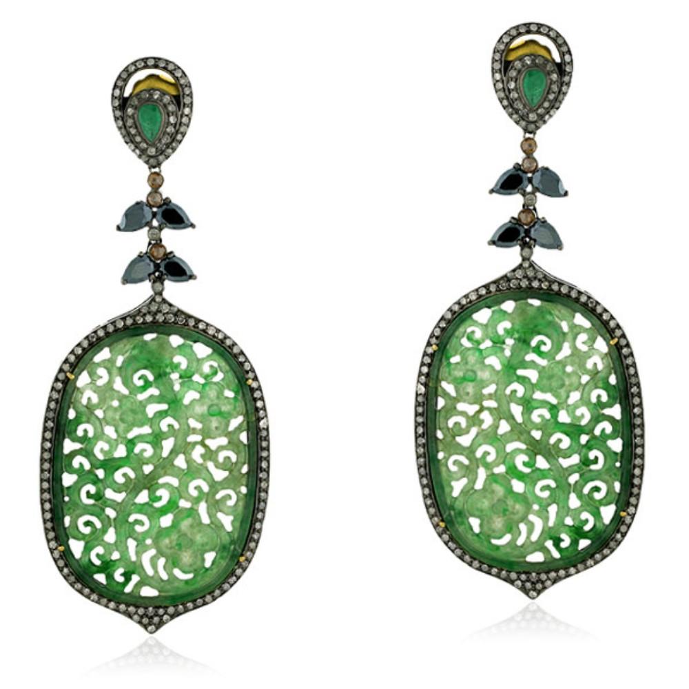 Mixed Cut Oval Shaped Carved Green Jade Dangle Earrings with Emerald, Spinel & Diamonds For Sale