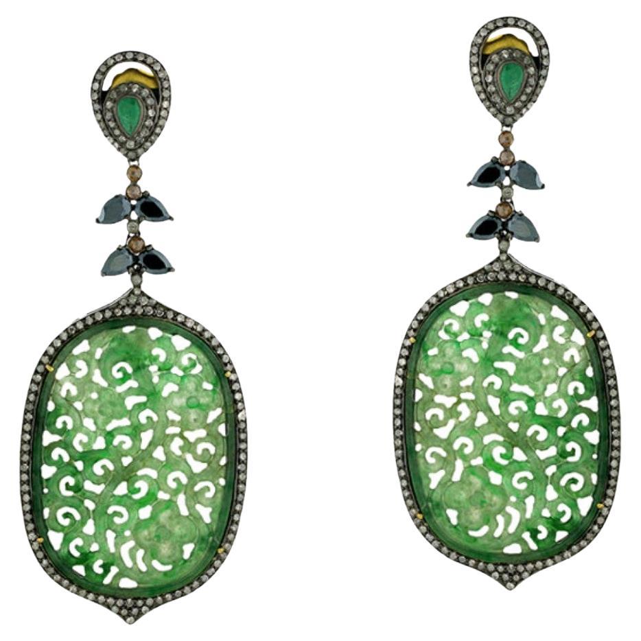 Oval Shaped Carved Green Jade Dangle Earrings with Emerald, Spinel & Diamonds
