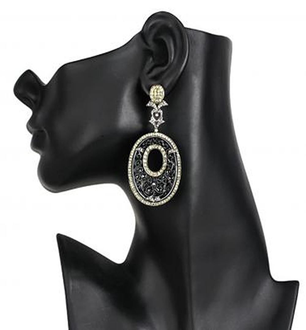 Artisan Oval Shaped Carved Jade Dangle Earrings With Sapphire & Diamonds For Sale